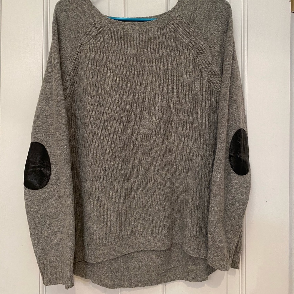 Cute grey wool JCrew sweater with leather patches!